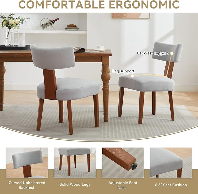 Dining Chairs Set of 2 Upholstered Dining Chairs, Gray Fabric Kitchen Chairs with Solid Wood Legs, Ergonomic Modern Accent Chairs for Dining Room, Living Room, or Office (Grey, Set of 2)