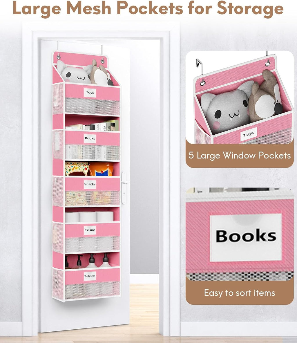 Over The Door Organizer Hanging, 2 Pack 5 Shelf Behind The Doors Storage, Pantry Door Organizer, Closet Organizers for Bedroom and Nursery (Pink)