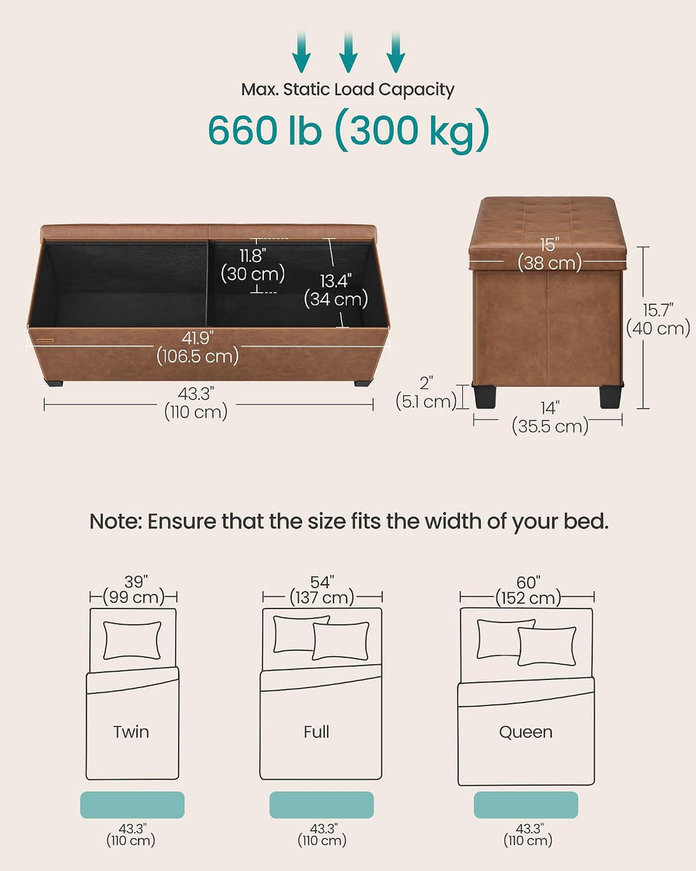 SONGMICS Storage Ottoman Bench with Legs, Flipping Lid, 43.3 Inches | Folding...