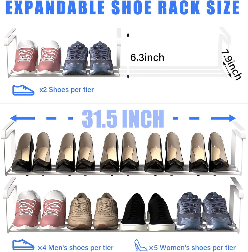 CroBlissful 2 Pcs Expandable Shoe Rack Organizer for Closet 16.5-31.5 Inch Adjustable Retractable Hanging Cabinet Shoe Shelf Dorm Room Storage for Space Saving (White)