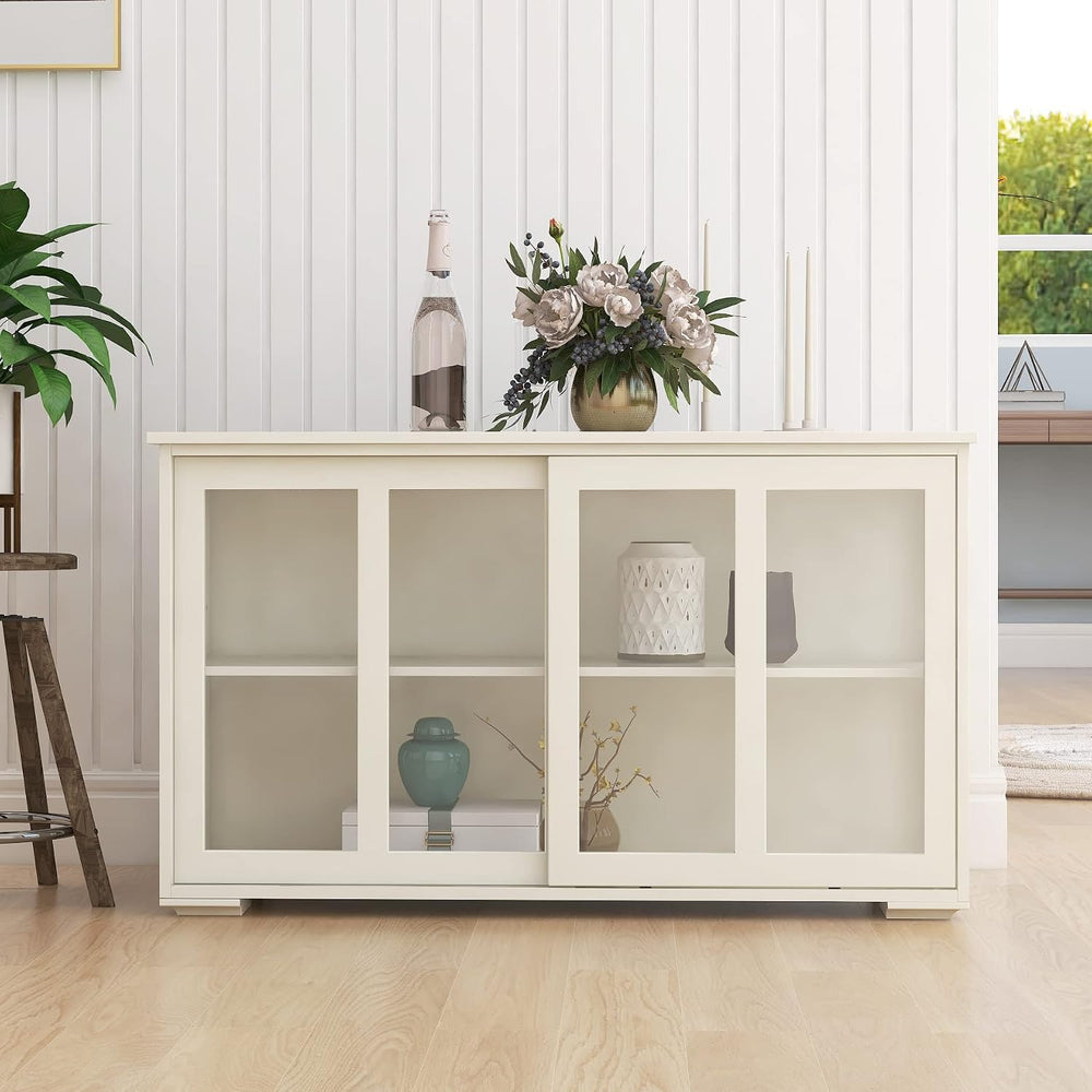 White Sideboard Buffet Cabinet with Sliding Glass Doors, Storage Credenza wit...