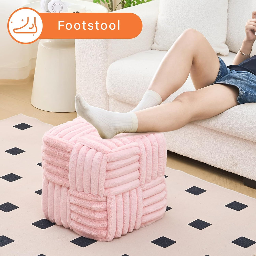 Faux Fur Ottoman Footrest 15.7" Square Vanity Stool, No Assembly Require...