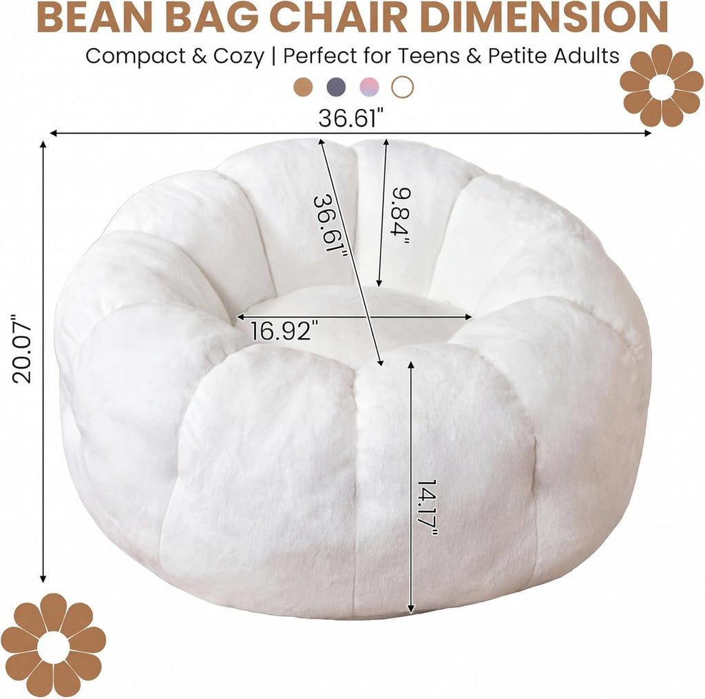 Flower Bean Bag Chair for Teens and Young Adults, Soft Faux Fur Floor Seating with Memory Foam, Aesthetic Room Decor Cozy Lounger for College Dorm, White