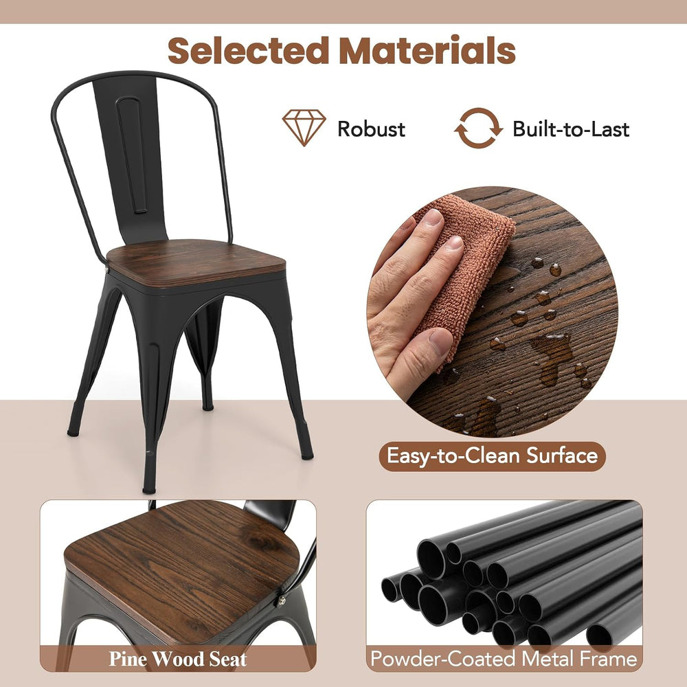 COSTWAY Stackable Metal Dining Chairs Set of 4 with Wood Seat and High Back |...