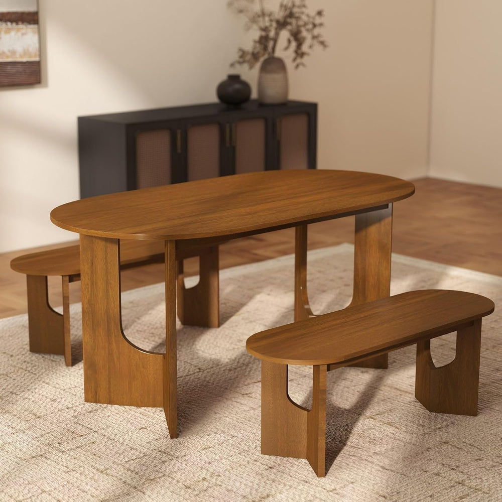 VESCASA 47.25" L Walnut Wood Oval Bench, Solid Wood Dining Bench with Wo...