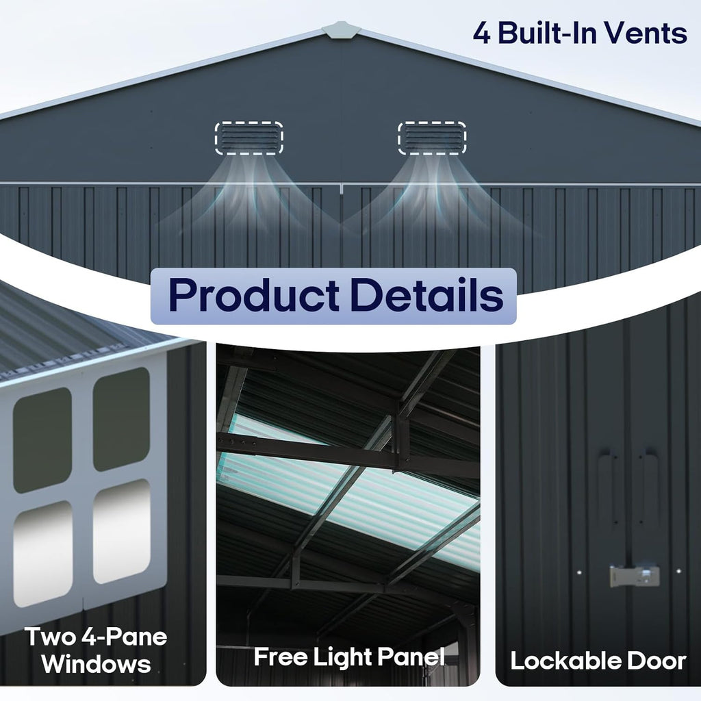 Outdoor Storage Shed 13x20 FT, Sheds & Outdoor Storage Clearance - Metal Garage Shed for Car, Truck, Bike - Backyard Tool House Building with 2 Windows and 2 Translucent Panels