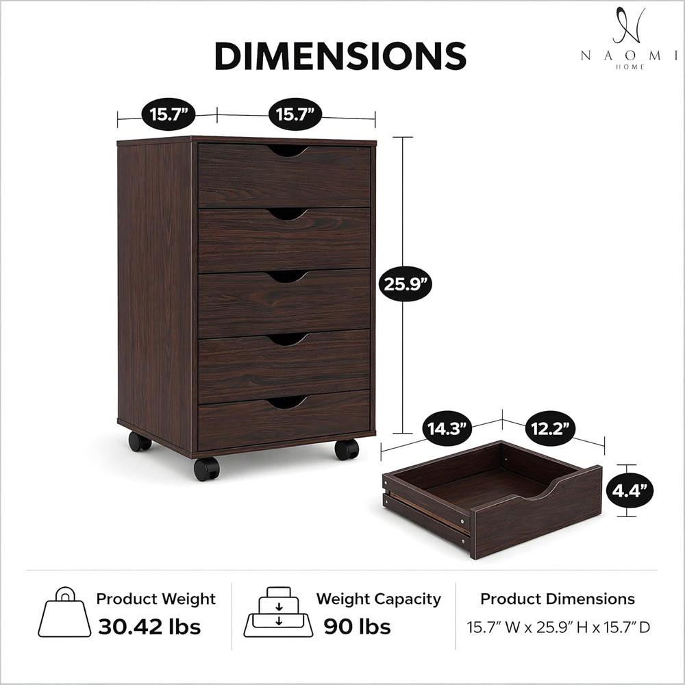 Naomi Home Under Desk Office File Cabinet with 5 Drawers, Rolling Storage Org...