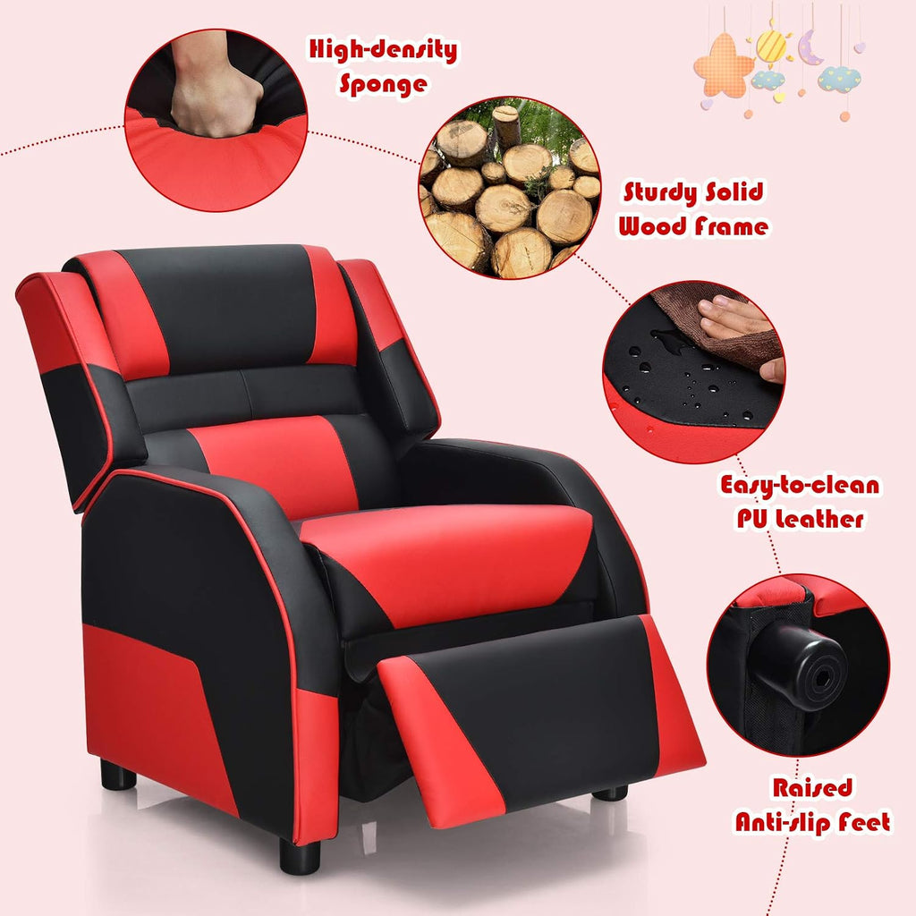 Costzon Kids Recliner, Gaming Recliner Chair w/Footrest, Headrest & Lumbar Support, Ergonomic Leather Lounge Chair for Living & Gaming Room, Adjustable Racing Style Sofa for Children Boys Girls, Red