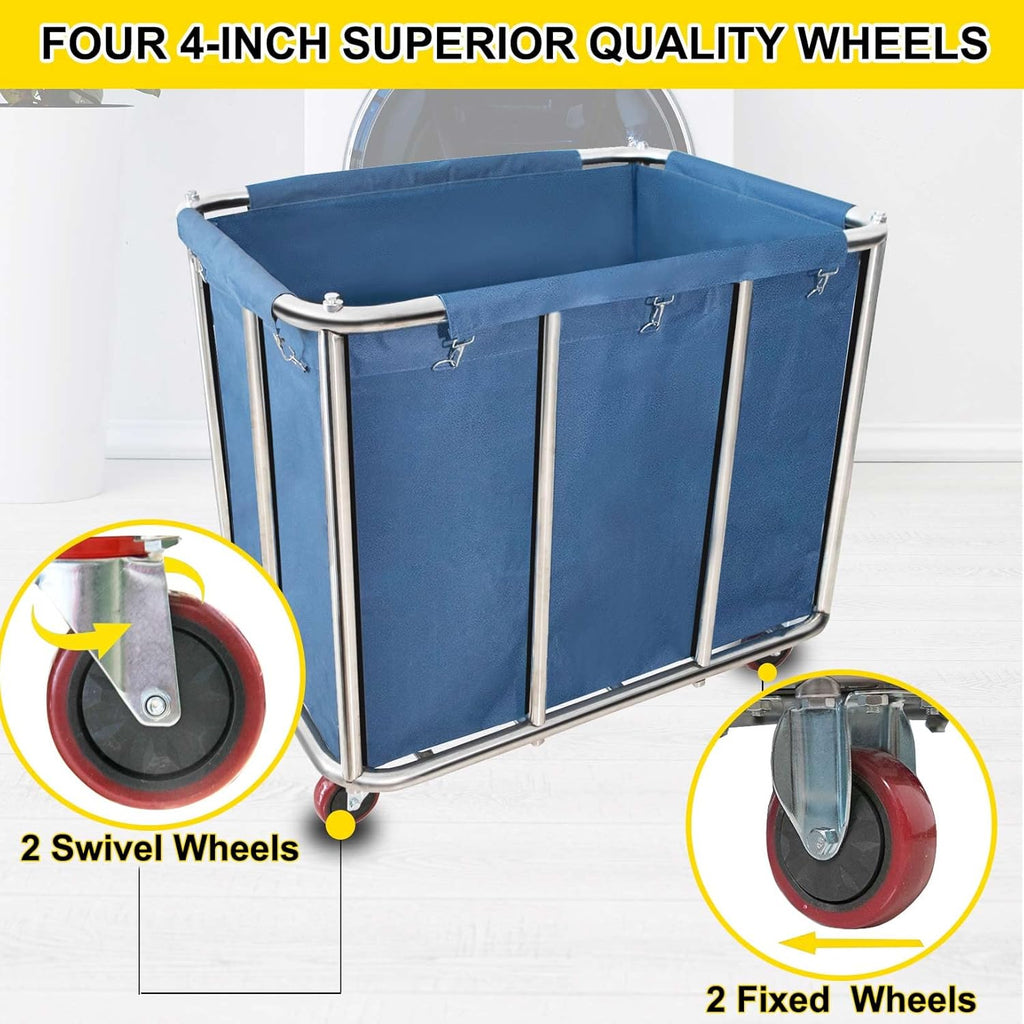 Commercial Laundry Cart with Wheels,11.35 Bushel Large Laundry Cart,Heavy Duty Stainless Steel Commercial Laundry Hampers Laundry Basket with Waterproof Lining,260 Lbs Load