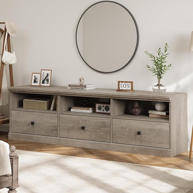 IDEALHOUSE 70in TV Stand for TVs up to 80", Mid Century Modern Entertainment Center with Storage Drawer and Open Shelves, TV Console Media Cabinet for Living Room, Bedroom, Vintage Gray
