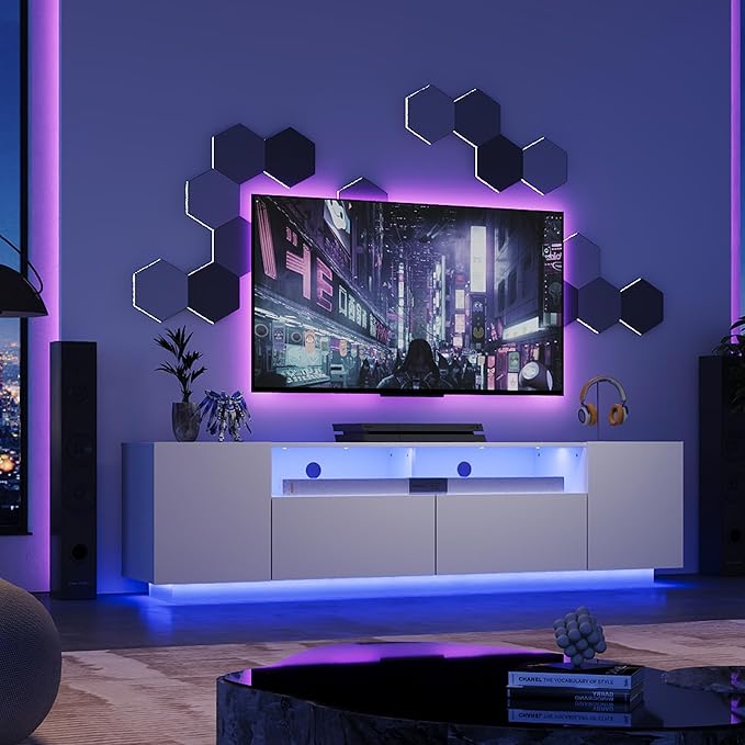 WLIVE LED TV Stand with Large Storage Cabinet, Modern Entertainment Center for 55/60/65/70/75 Inch TVs, Sturdy TV Console for Living Room, Bedroom,Rec Room(White)
