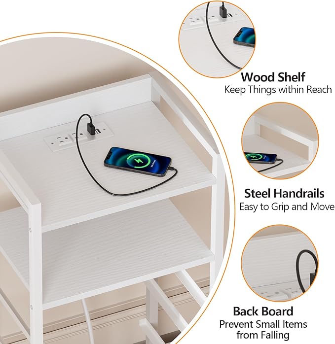 Furnulem White Nightstand with Charging Station, Night Stand Side Table with ...