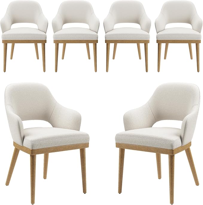 Wooden Dining Chairs Set of 6, Modern Fabric Upholstered Dining Room Chair, Kitchen Side Chairs, Farmhouse Dinner Chair with Open Back for Kitchen, Beige