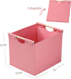 HOONEX Large Foldable Storage Bins, Linen Fabric, Pack of 2, Storage Baskets with Wooden Carry Handles and Sturdy Heavy Cardboard, for Home, Office, Car, Nursery, Pink