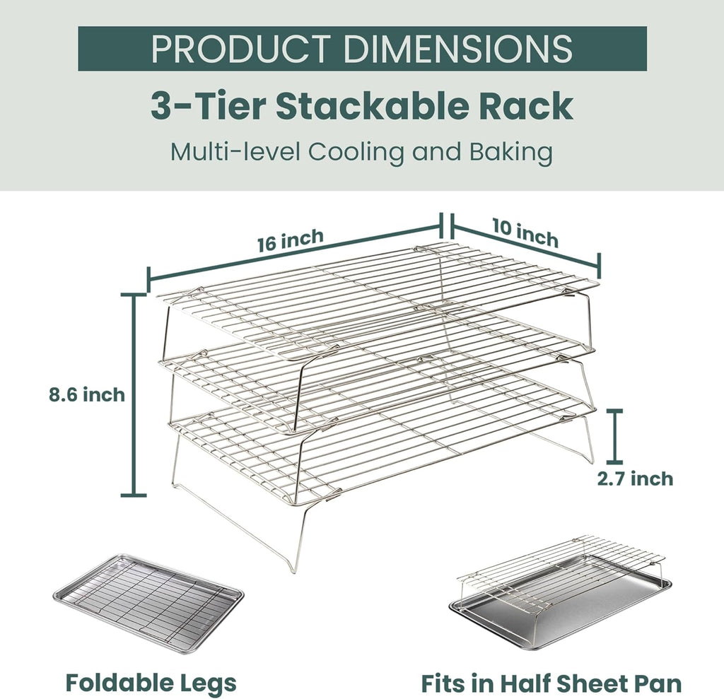 Ultra Cuisine Heavy Duty 3 Tiers, 16" x 10" Cooling Rack for Cooking and Baking - Professional Grade Premium 100% Stainless Steel Baking Rack & Wire Cooling Mesh - Dishwasher Safe - Pack 3