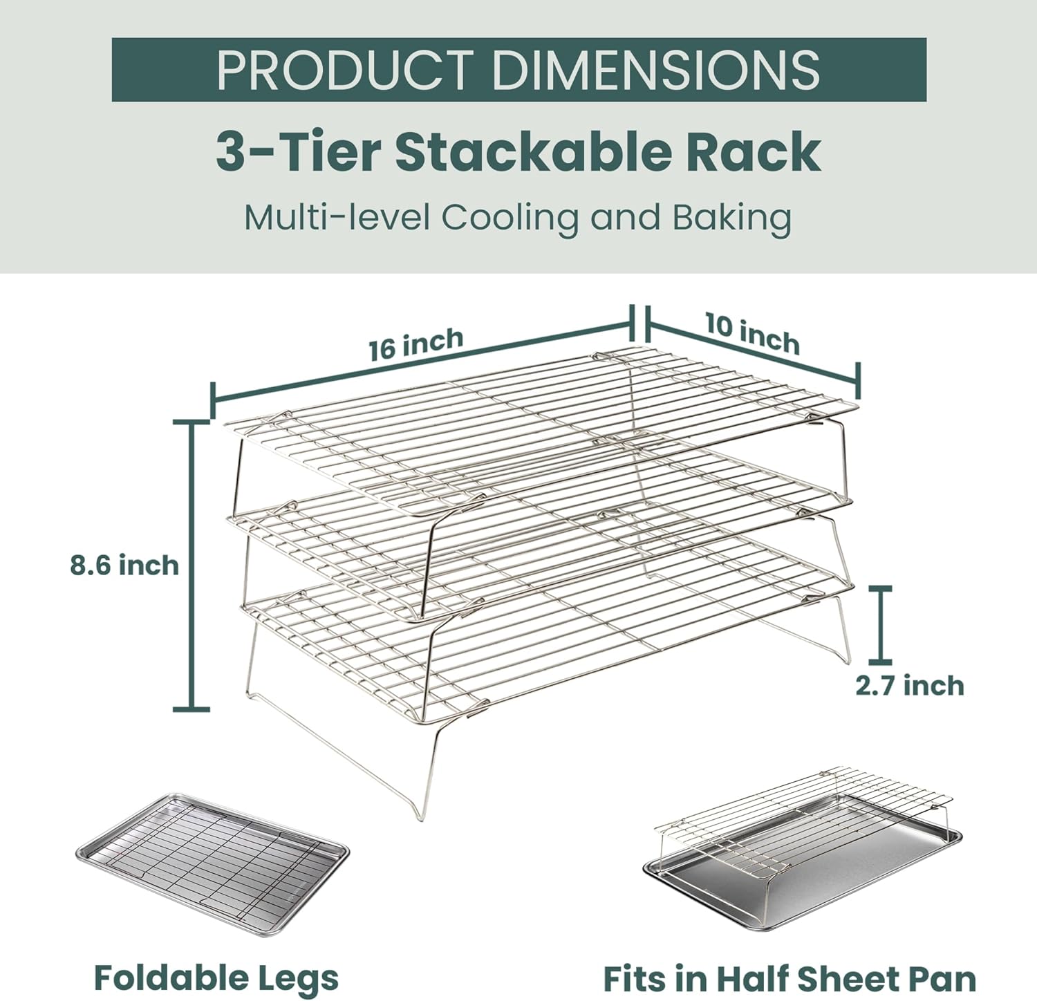 Ultra Cuisine Heavy Duty 3 Tiers, 16" x 10" Cooling Rack for Cooking and Baking - Professional Grade Premium 100% Stainless Steel Baking Rack & Wire Cooling Mesh - Dishwasher Safe - Pack 3