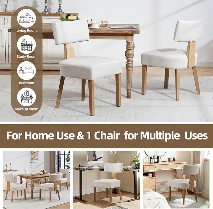 Dining Chairs, Fabric Upholstered Wood Kitchen Chairs Set of 2, Linen Curved ...