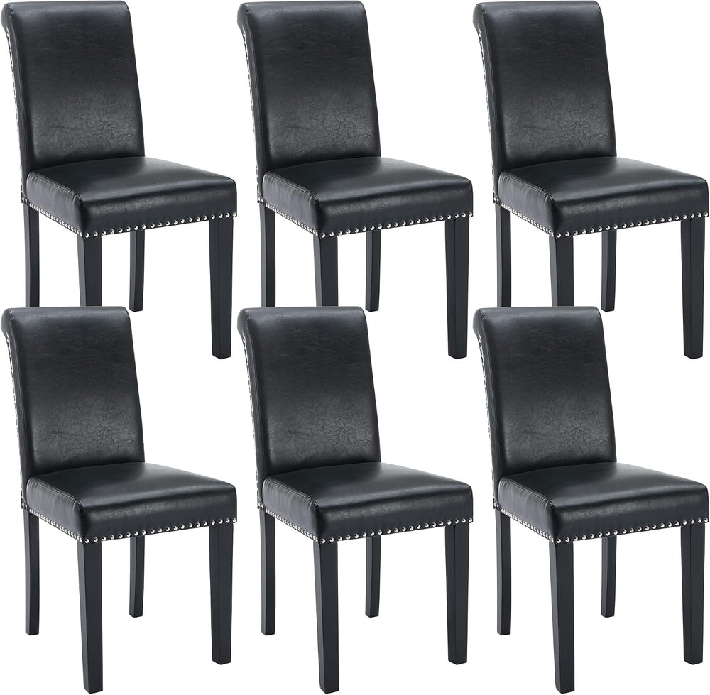 Dining Room Chairs Set of 6, Upholstered PU Leather, Rubber Wood, Black
