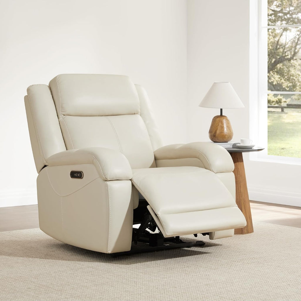 Watson & Whitely Genuine Leather Wall Hugger Power Recliner, Cream | Recliner Chair for Adults, Power Headrest, USB/Type-C Charging Ports, Electric Reclining Sofa Chair for Living Room, RV
