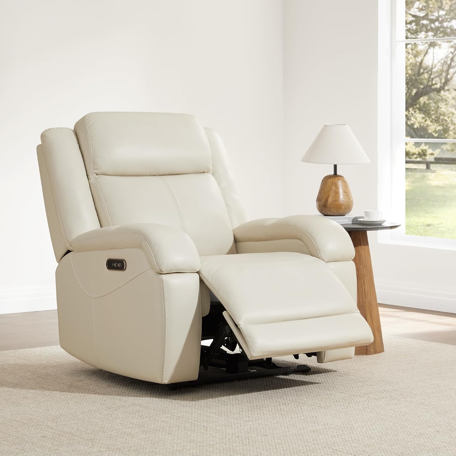 Watson & Whitely Genuine Leather Wall Hugger Power Recliner, Cream | Recliner Chair for Adults, Power Headrest, USB/Type-C Charging Ports, Electric Reclining Sofa Chair for Living Room, RV