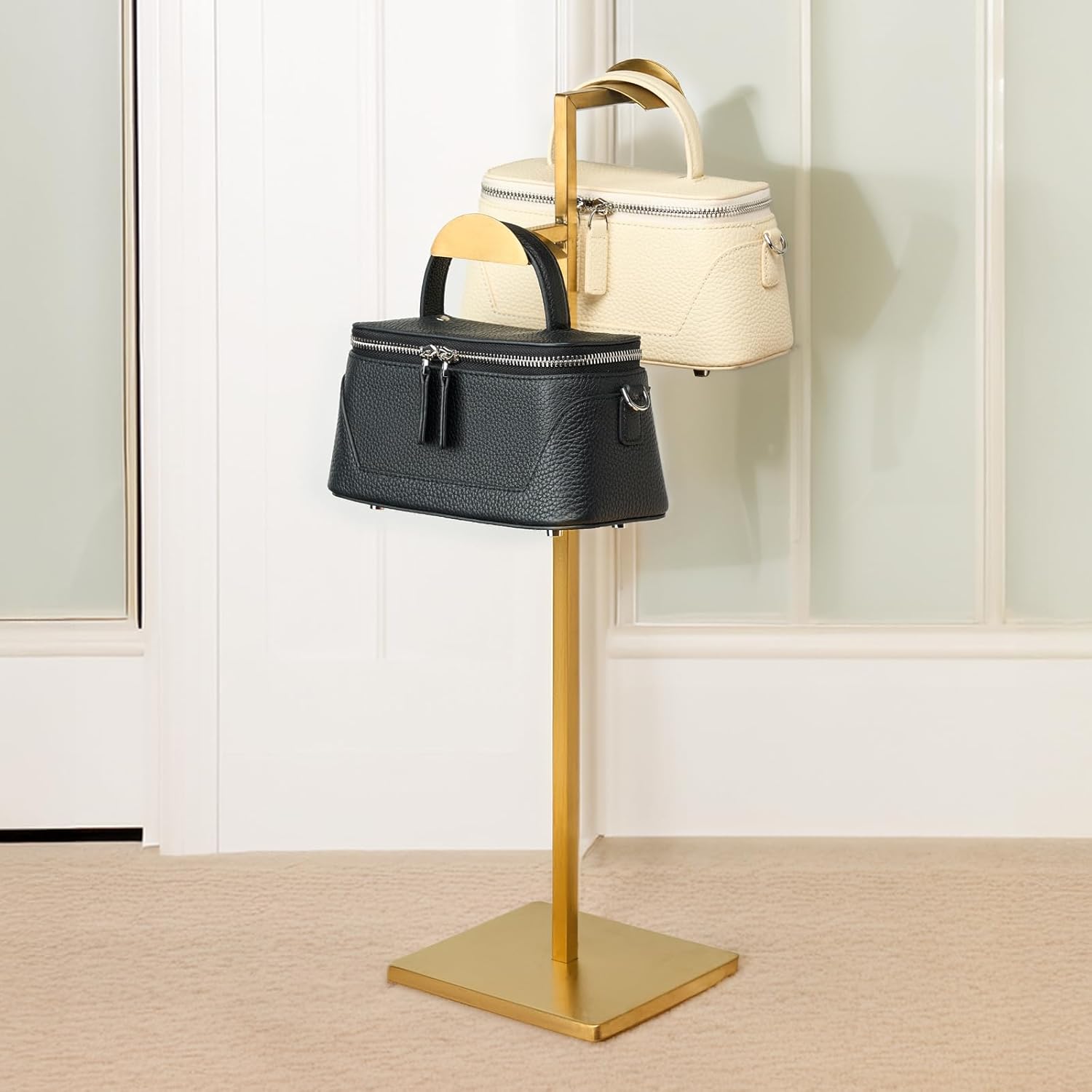Two Tiers Handbag Display Stands - 2PCS Stainless Steels Purse Stand Holder Adjustable Height Purse Display for Retail Luxury Bag Organizer Home Store Boutique Retail Closet Gold Color