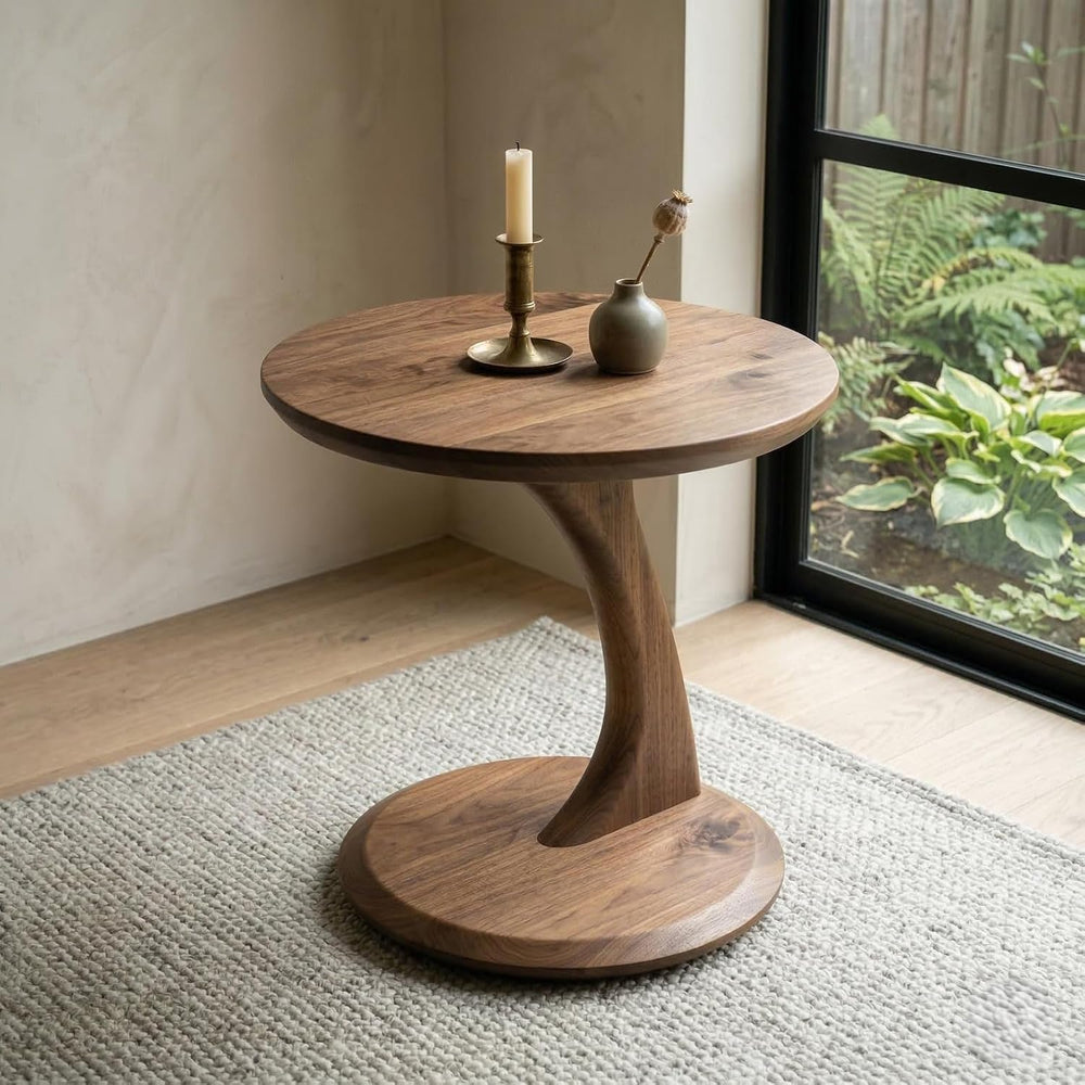 Solid Walnut Finish Sculptural Side Table | Mid-Century Modern Round Pedestal...