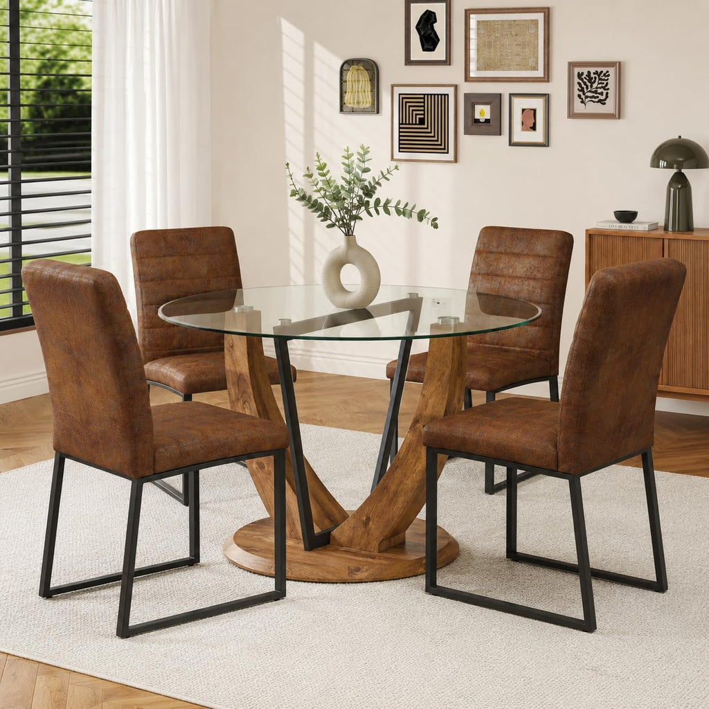48 Inch Round Glass Dining Table Set for 4 | Tempered Glass Top, Wood Pedestal Base, 4 Brown Upholstered Chairs, Mid Century Modern Dining Room Set for Small Spaces