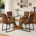 48 Inch Round Glass Dining Table Set for 4 | Tempered Glass Top, Wood Pedestal Base, 4 Brown Upholstered Chairs, Mid Century Modern Dining Room Set for Small Spaces