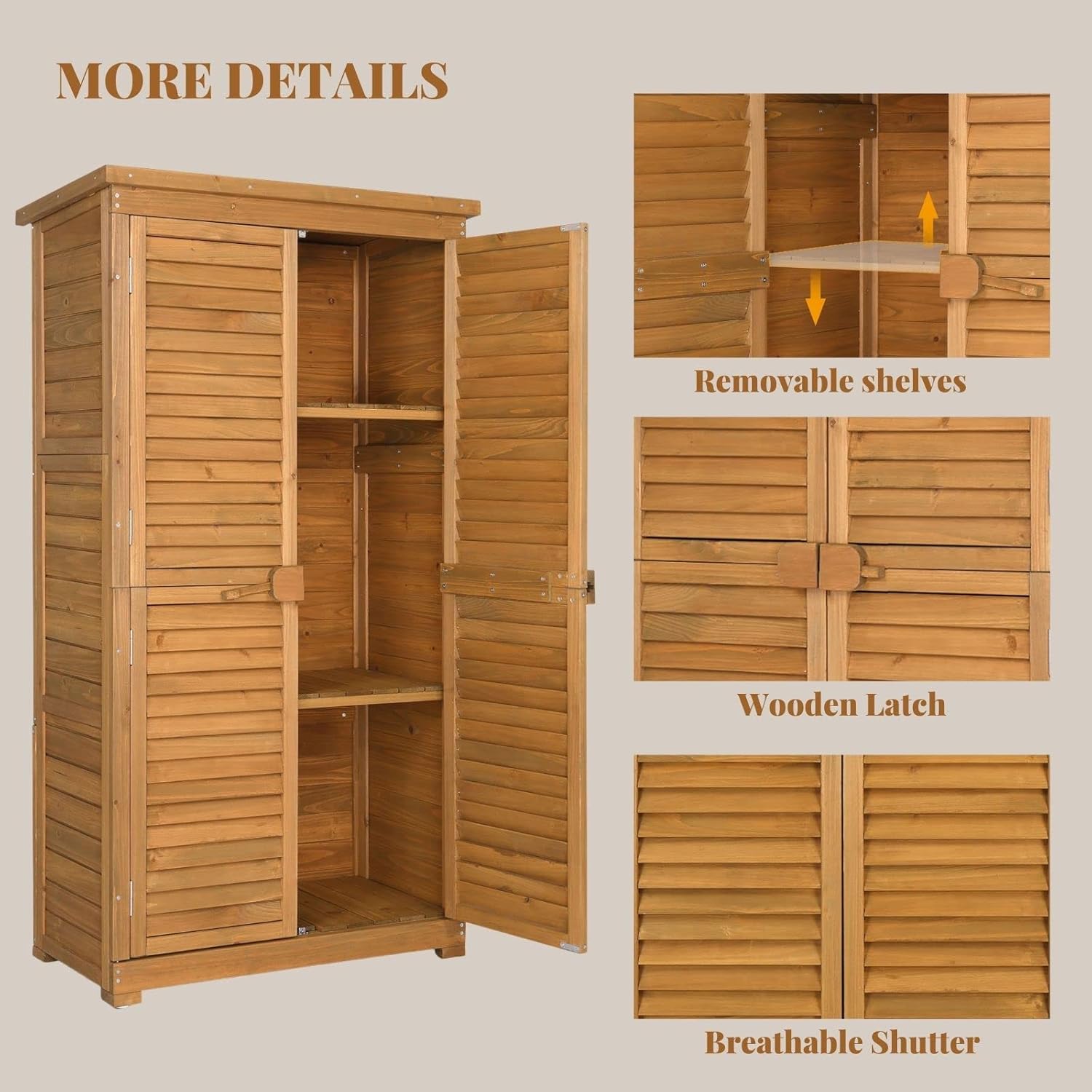 Outvita Outdoor Storage Cabinet, 63in Wooden Garden Tools Shed with 2 Lockable Doors, 3 Adjustable Shelves, Waterproof Roof for Yard Garge Patio Deck Porch, Natural