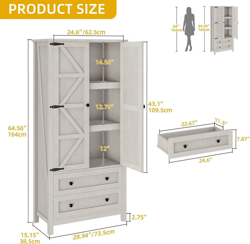 DWVO 64.5" Pantry Cabinet with Barn Doors, 2 Drawers & Shelves, Off ...