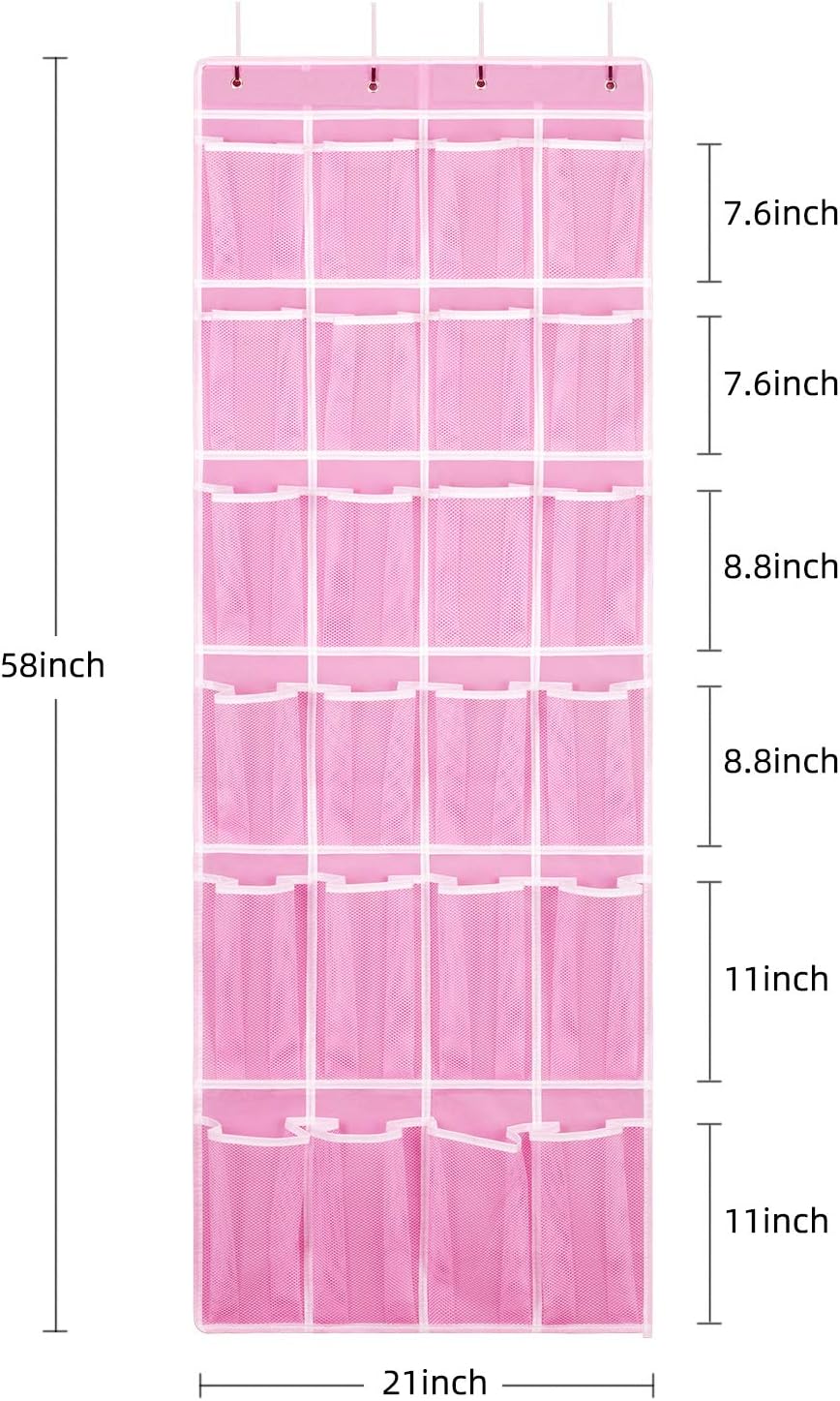 2 Pack Hanging Shoe Organizer，Over Door Shoe Organizer with 24 Mesh Large Pockets Shoe Storage Bag for Sport Shoes Size:58x21 Inch Hanging Door Shoe Rack Organizer (Pink-2pack)