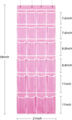 2 Pack Hanging Shoe Organizer，Over Door Shoe Organizer with 24 Mesh Large Pockets Shoe Storage Bag for Sport Shoes Size:58x21 Inch Hanging Door Shoe Rack Organizer (Pink-2pack)