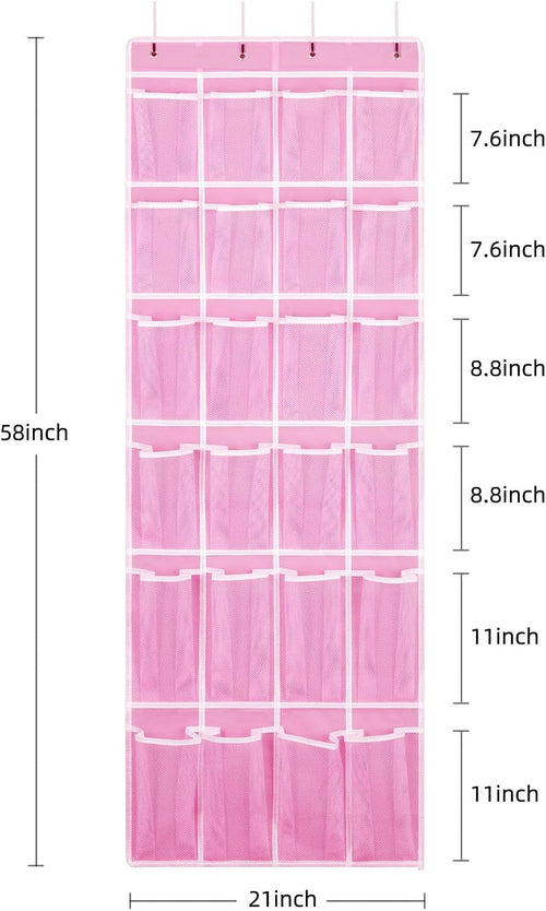 2 Pack Hanging Shoe Organizer，Over Door Shoe Organizer with 24 Mesh Large Pockets Shoe Storage Bag for Sport Shoes Size:58x21 Inch Hanging Door Shoe Rack Organizer (Pink-2pack)