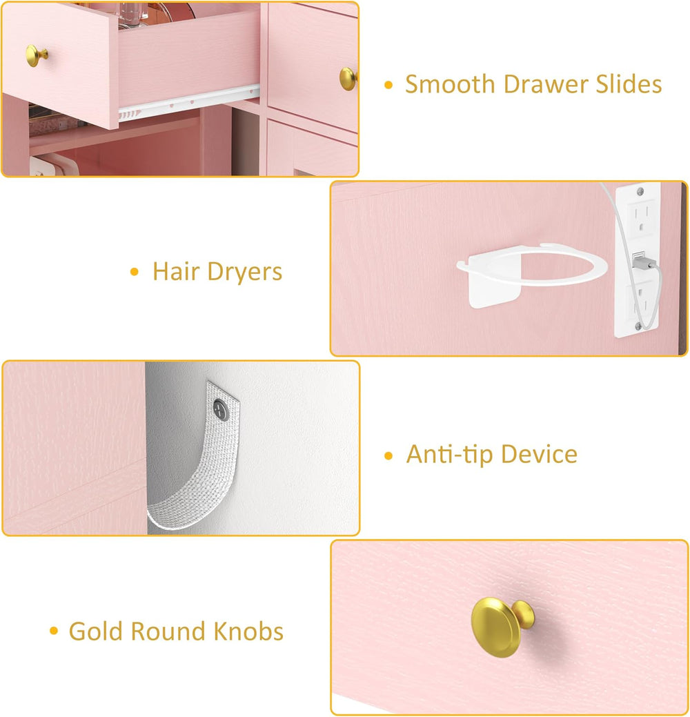 HUANLEGO Large Makeup Vanity Desk with Mirror and Lights, Pink