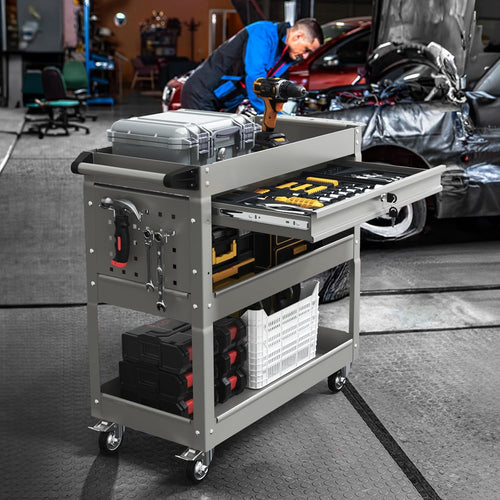 3-Tier Rolling Tool Cart, Metal Heavy Duty Utility Cart on Wheels with Lockable, 330 lb. Load Large Storage Capability Tool Cart for Garage, Warehouse, Repair Shop（Gray）