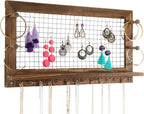 Rustic Jewelry Organizer Wall Mount with Bracelet Pegs-Necklace Holder Earring Hanger-Hanging Mounted Wooden Shelf to Display Earrings Necklaces and Accessories