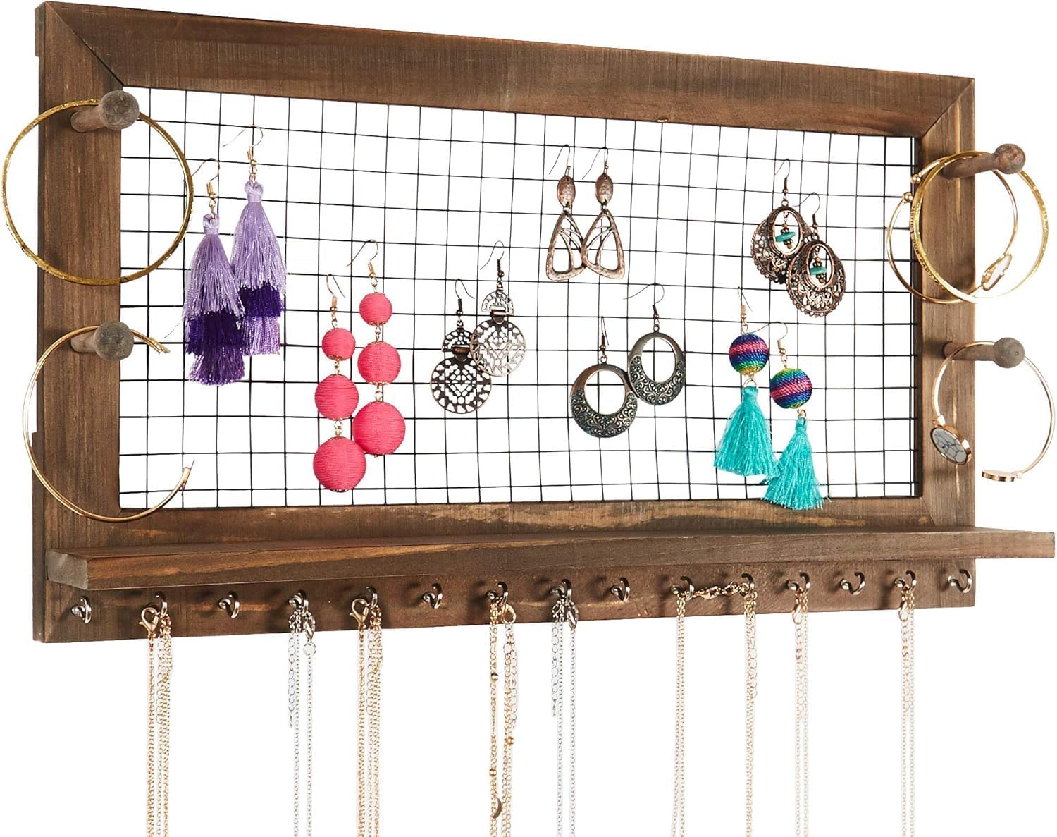 Rustic Jewelry Organizer Wall Mount with Bracelet Pegs-Necklace Holder Earring Hanger-Hanging Mounted Wooden Shelf to Display Earrings Necklaces and Accessories