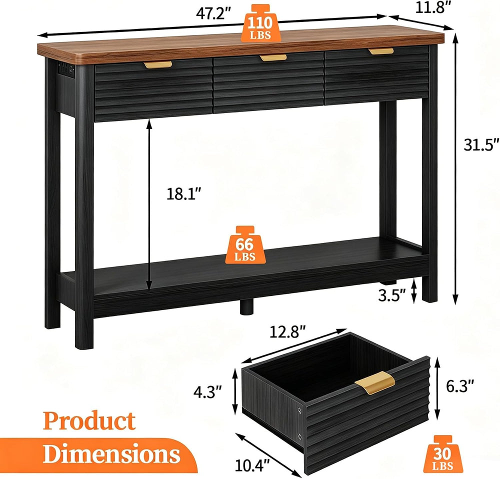 Fluted 47.2" Console Table with Outlets and USB C, Narrow Entryway Table...