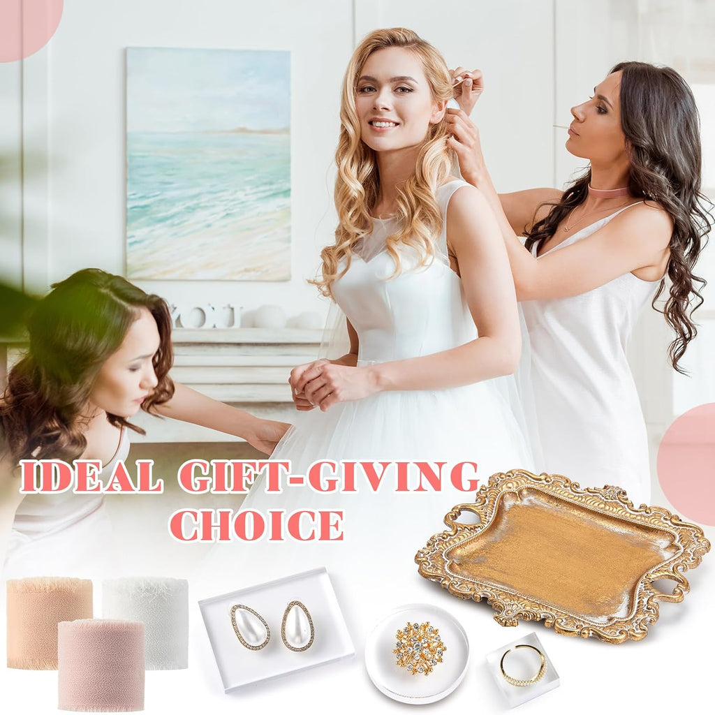 Cinnvoice 8 Pcs Flat Lay Photography Props Set for Jewelry & Wedding Details, Vintage Jewelry Tray, Acrylic Display Blocks, Chiffon Silk Ribbon for Bridal Party Decor Gift(2 Square 2 Round Bases)