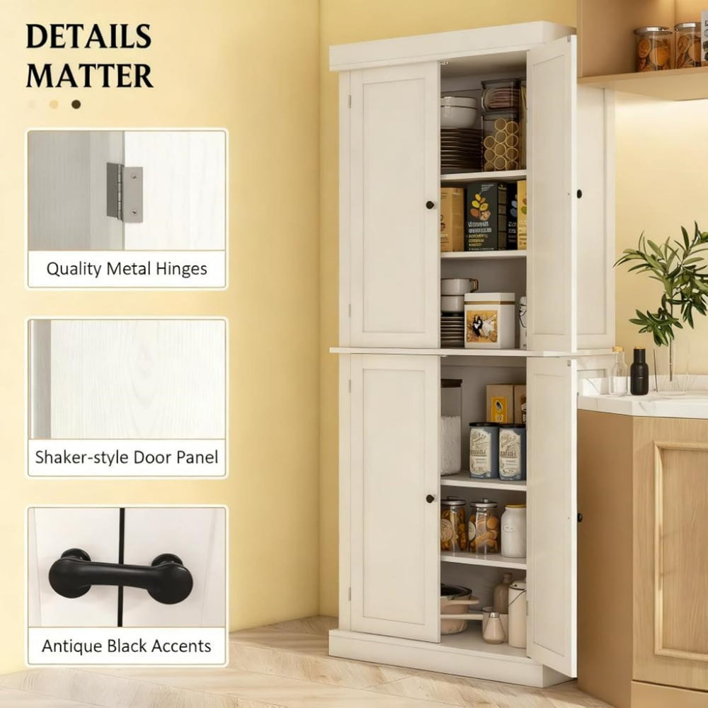 White Modern Style Freestanding Food Pantry Cabinet, Kitchen Floor Storage Ca...