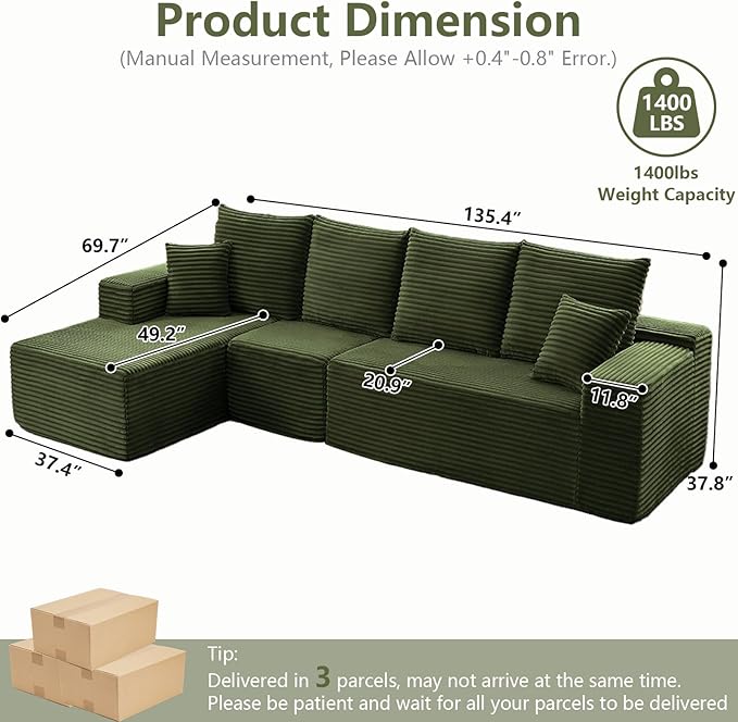 135" Cloud Sectional Couch with L-Shape Chaise, Modern Modular Comfy Sof...