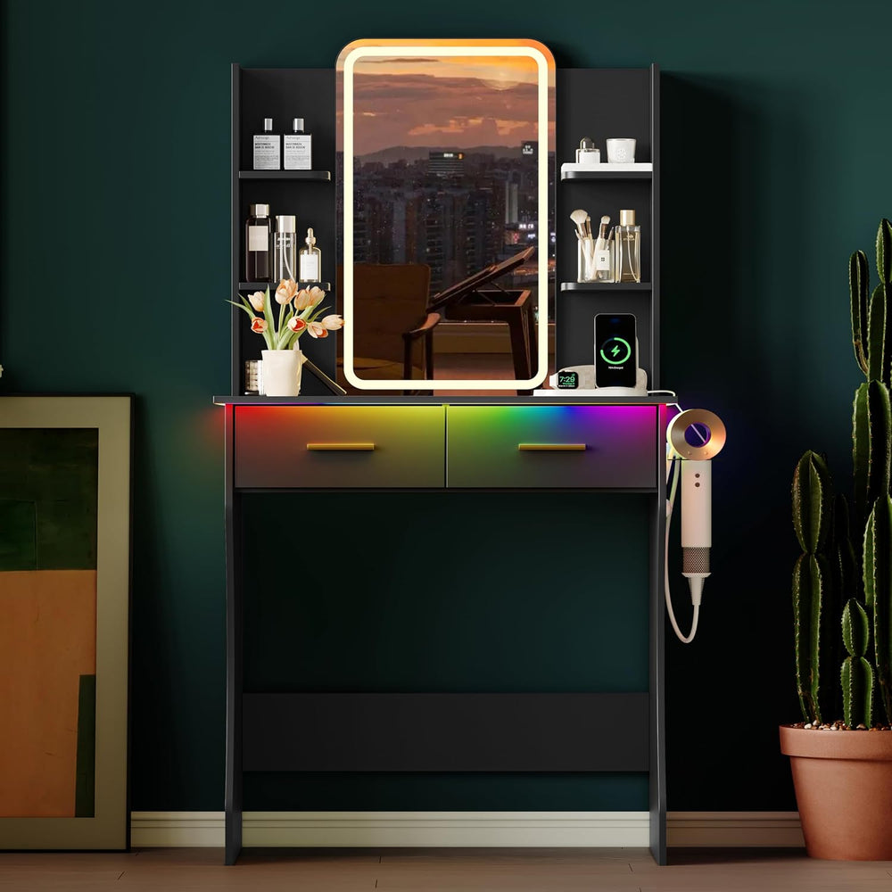 Xixini Vanity Desk with LED Lights Mirror & Power Outlet, Small Makeup Va...