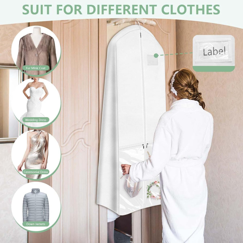 Bridal Wedding Garment Bag Cover Protector 72'' Long White Gown Dress Clothes Storage with 10'' Gusseted and Accessories Pouch for Women Travel Closet Prom