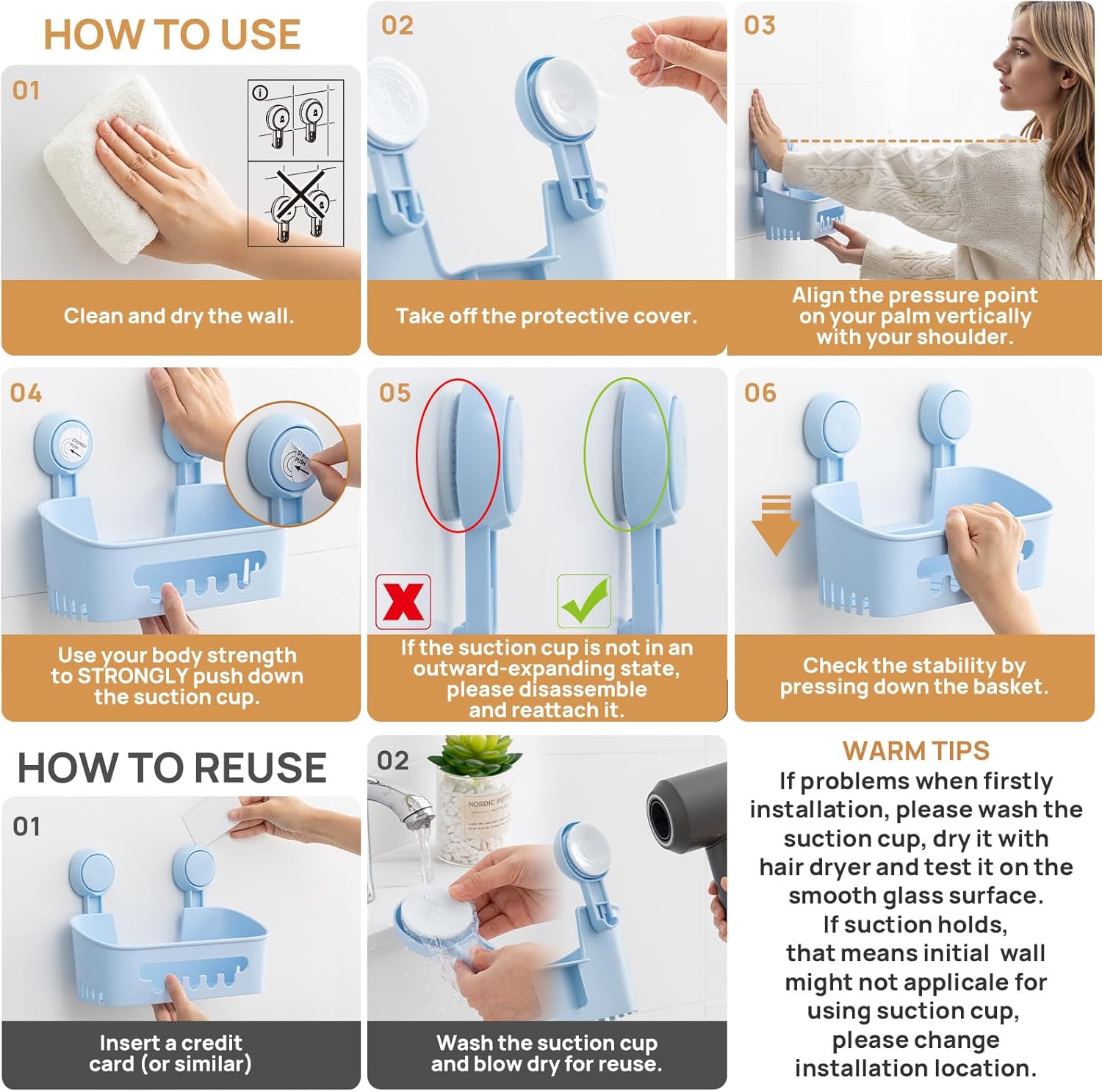 LEVERLOC Shower Caddy Suction Cup Set Shower Organizer & Soap Holder & Toothbrush Holder, Bathroom Shelf Basket NO-Drilling, Removable Suction Storage Waterproof Bathroom Caddy, Blue