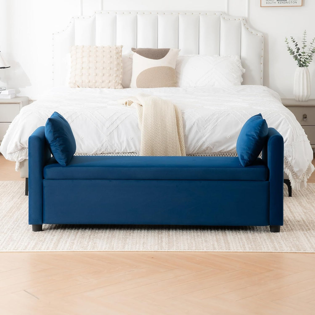 55" Navy Storage Bench for Bedroom King Size Bed, Velvet | Long Ottoman, Modern End of Bed Bench, with Arm, Upholstered, For Bedroom/Living Room/Window/Entryway