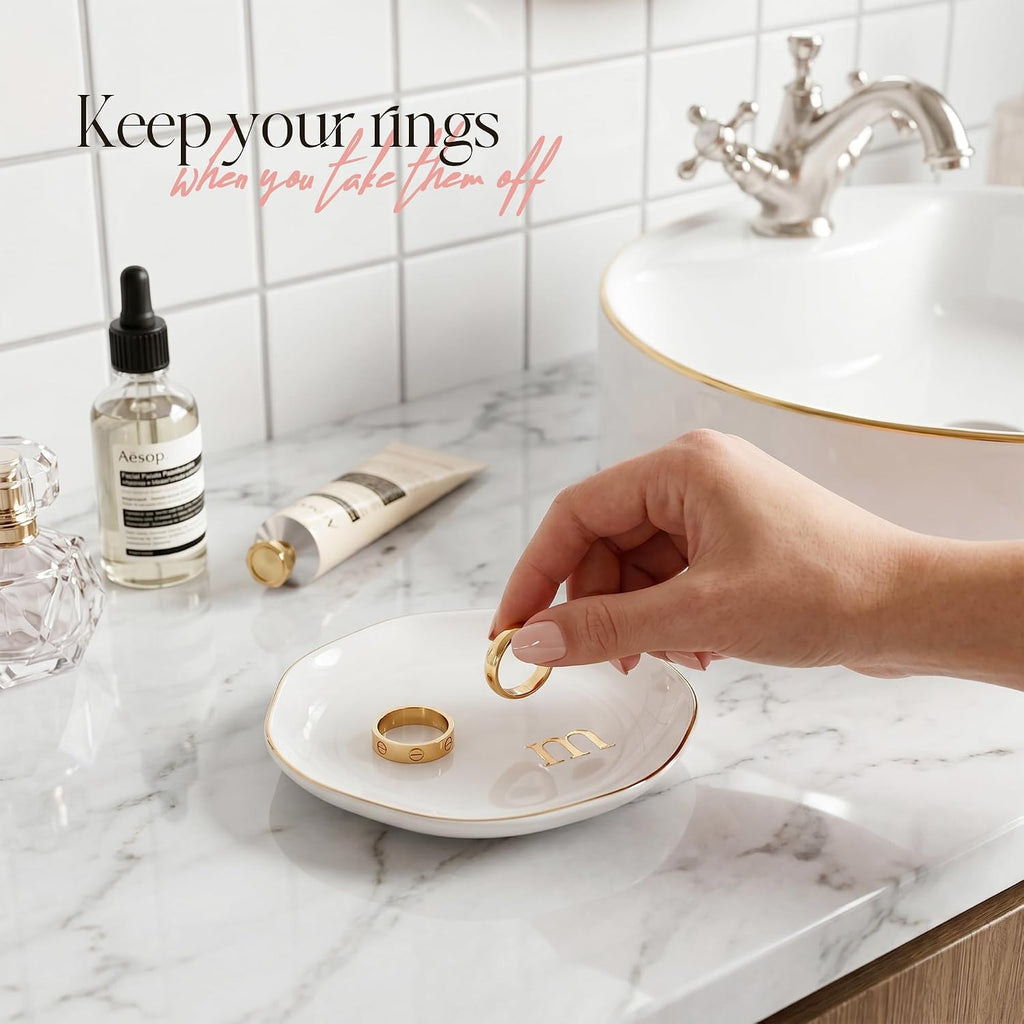 Ceramic Jewelry Tray, Personalized Initial Jewelry Dish for Rings Earrings Necklaces Bracelets, White Letter M Initial Ring Dish for Vanity, Birthday Mother's Day Christmas Gift for Women, 4.5 Inch