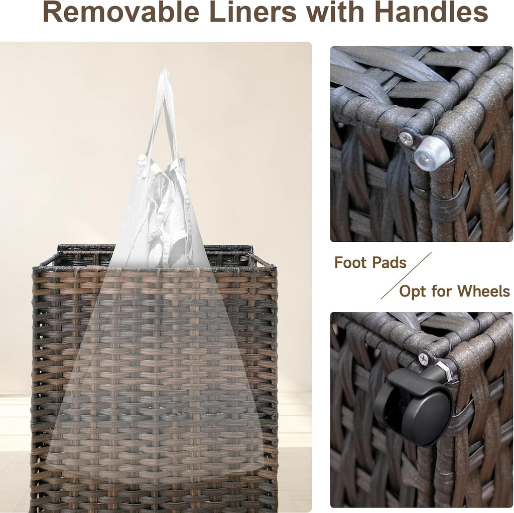 88L Slim Laundry Hamper with Wheels, 23.3 Gallon Rolling Laundry Basket with Lid, Tall and Narrow Laundry Hamper with 2 Removable Liner & 3 Mesh Bags, Laundry Sorter for Bathroom, Brown