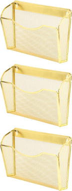 EASEPRES 3 Single Pocket Mesh Hanging File Organizer, Vertical Wall Mounted Magazine File Holder, Mount Basket Mail Paper Document Folder Organizing for Office, Home and School, Gold