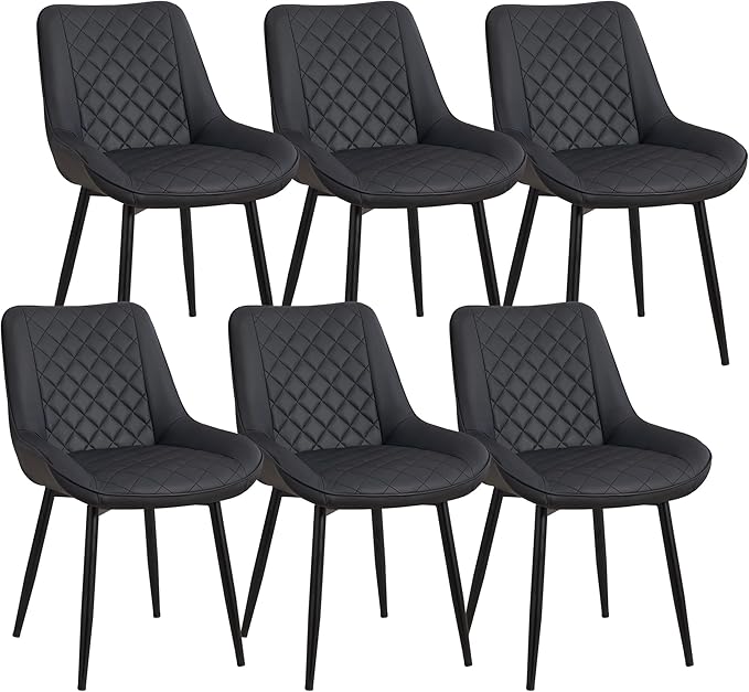 Dining Chair Set of 6, Modern Dining Chairs with Thick Cushions, Faux Leather Upholstered Kitchen Dining Room Chairs with Metal Adjustable Legs for Dining Living Room, Black