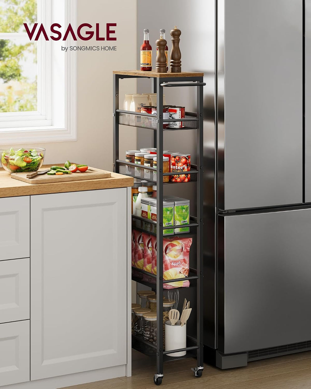 VASAGLE 6-Tier Slim Rolling Storage Cart, Narrow Kitchen Cart with Wheels, Ut...